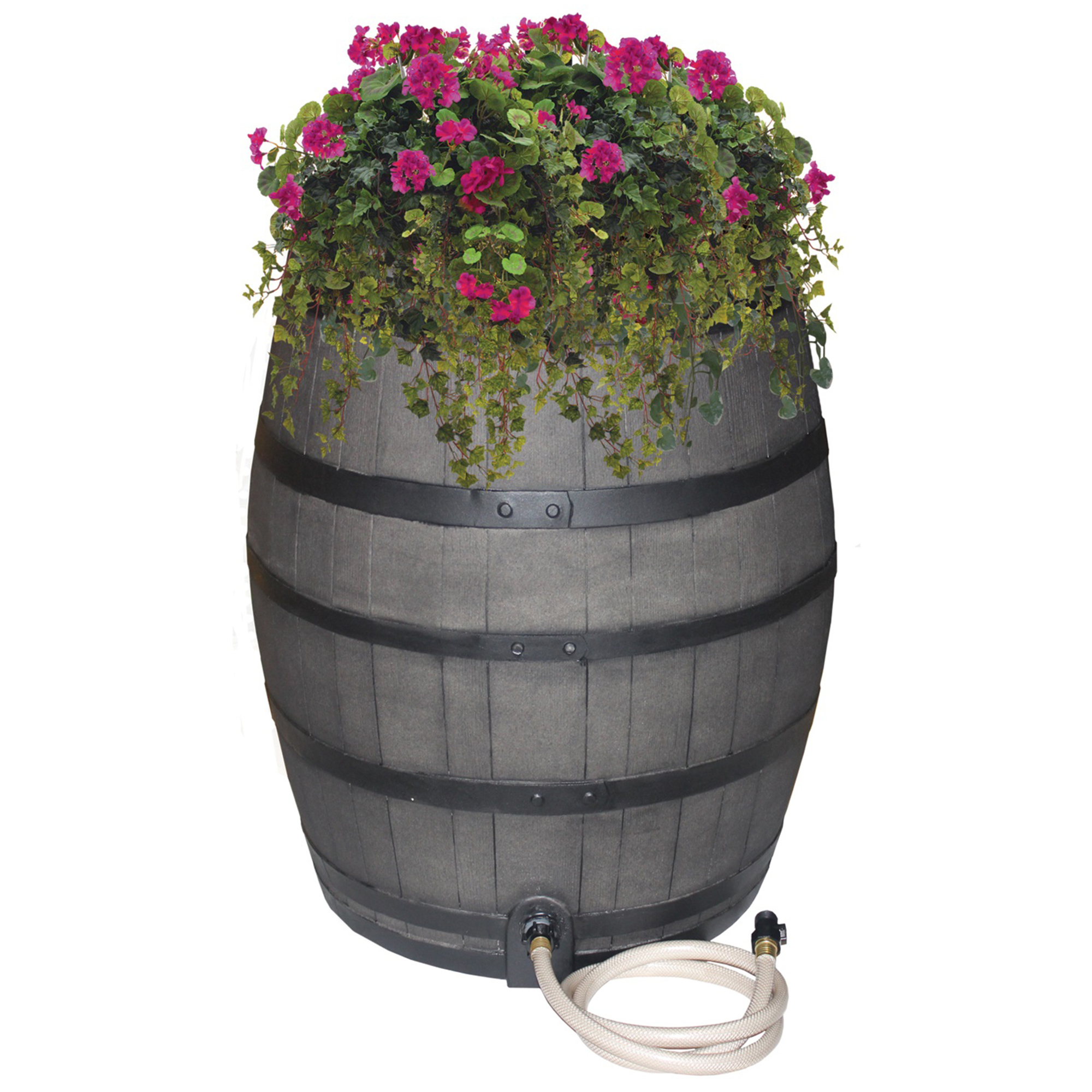 Emsco Group, 50gal Flatback Whiskey Rain Barrel w/Blk Bands-Gry, Capacity 50 Gal, Material Polyethylene, Model# 2244-1
